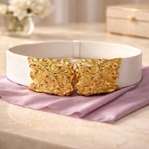 Judith Leiber White snakeskin Belt with Ornate Gold Sculpted Buckle